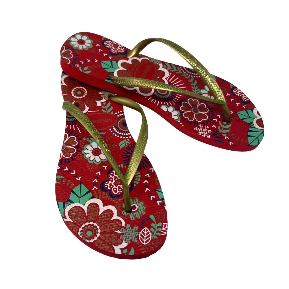 Havaianas Slim Flip Flops Women's US 6 EU 39/40 Red Floral‎ Gold Straps